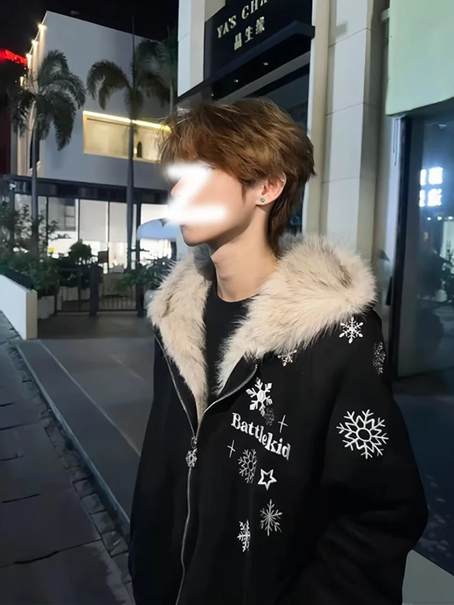 

American Sle Snowflake Embroidery Loose Fit Hooded Jaet with Fur Collar ex Winter Versatile Couple's Cotton Coat