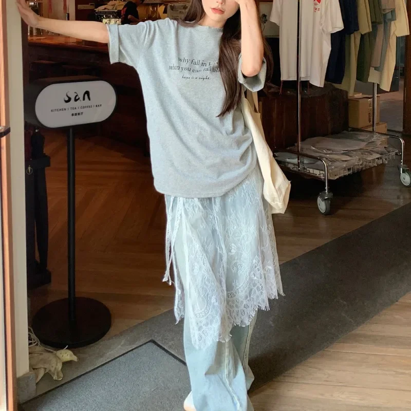 ميدي التنانير النسائية الدانتيل الرباط تصميم أنيق الكورية نمط الربيع الصيف ألف خط عالية الخصر غير النظامية الجانب الشق موضة الشارع #2