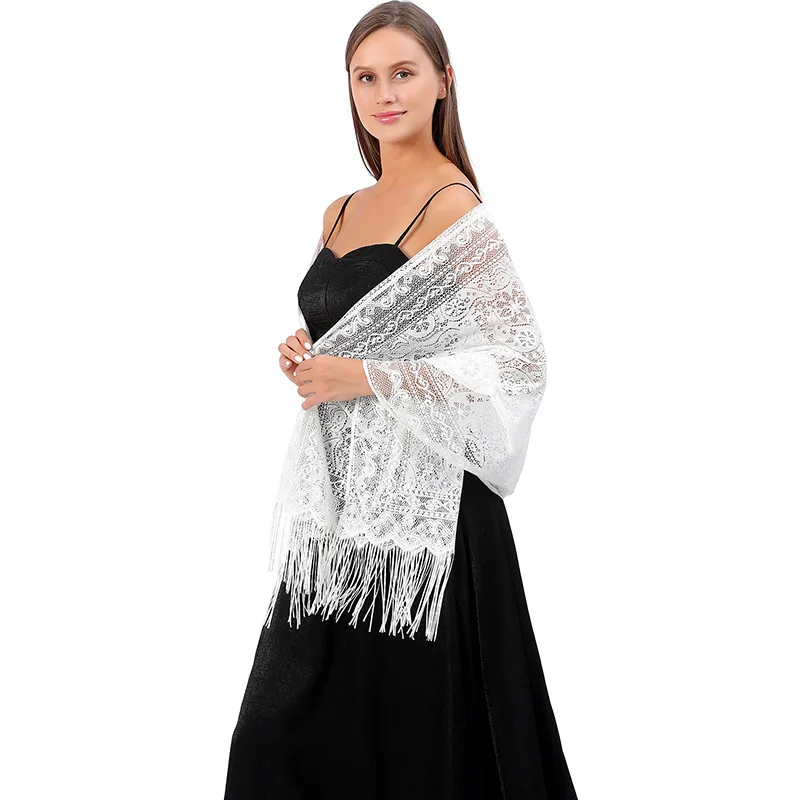 Lady Hollow Out Kanten Sjaal voor Party Vrouwen Zomer Bikini Sjaal Kwastje Effen Kleur Moslim Hoofddoek Vakantie Ademend Strand Wrap