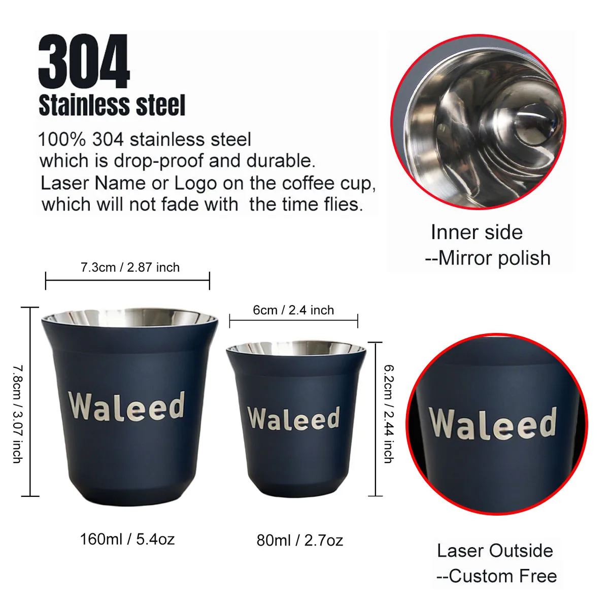 Stainless Steel Espresso Cups 80ml/160ml – Double Wall 304 Steel Coffee Cups for Laser Engraving, Custom Name, Logo, Text