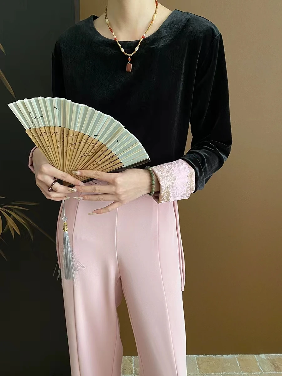 Plum Blossom Dark Fragrance New Chinese Style Velvet Contrast Color Spliced Sleeve Round Neck Bottom Top