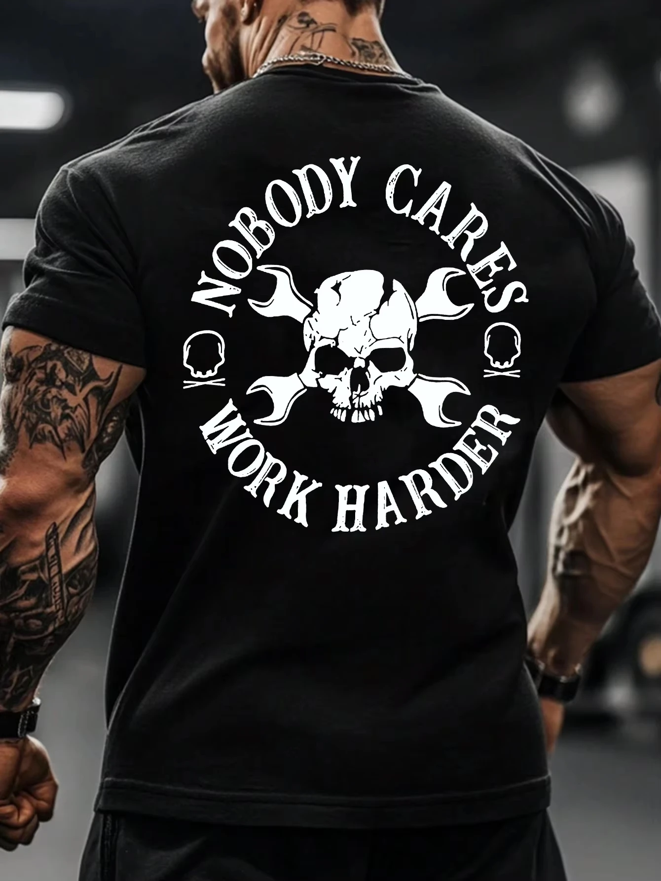 Men's Summer Gothic Tough Guy Style Wrench Skull Print T-Shirt Cotton and Breathable Tee Men's Round Neck Streetwear Oversi