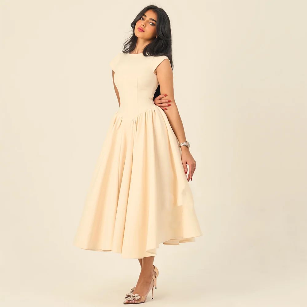 

Women's Evening Dresses Customized Simple Scoop Collar Short Sleeves Birthday Party Dress Ruffle A-line Ankle Lenght Prom Gowns