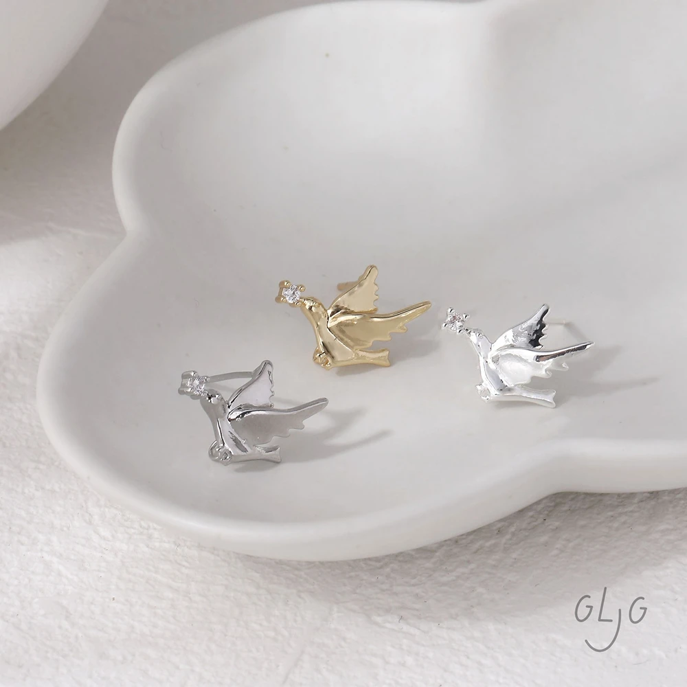 2Pair 14K Gold Plated Delicate Zircon Inlaid Bird Pigeon Studs Earrings Jewelry DIY Making Supplies Findings Accessories