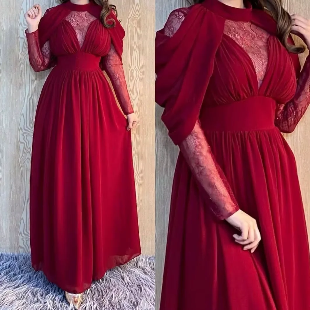 

Customized Long Red Lace Prom Dresses Chiffon Robe De Soiree A-Line High Neck Zipper Back Formal Party Dresses for Women