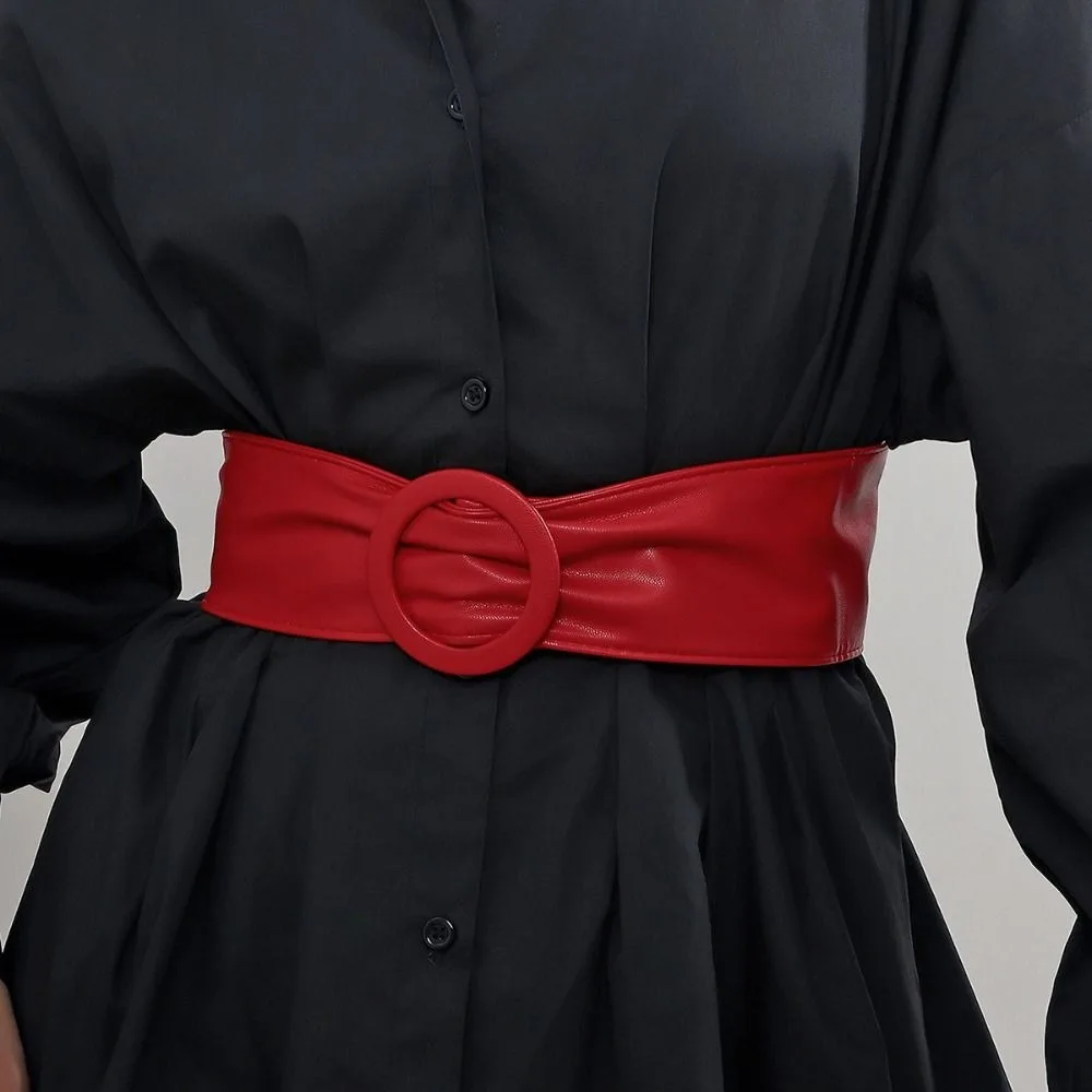 Adjustable Length Faux Leather Waist Belt Wide Soft Wide Waist Belt Self-Tie Closure Faux Leather Round Ring Buckle Belt