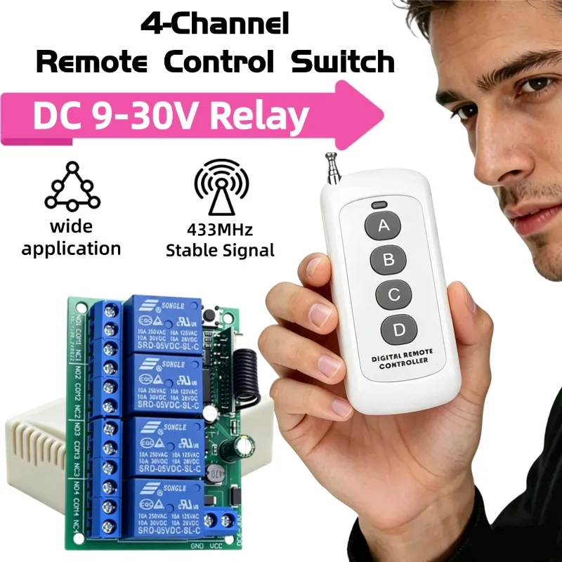 DC12V 24V 10A 4CH Wireless Remote Control Switch Relay Receiving Module and 4-channel RF 433MHz Remote Control For Garage Door