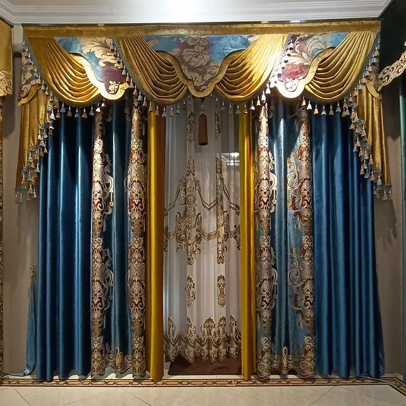 Blue and Gold Embroidered Jacquard Velvet Fabric Patchwork Curtains for Living Room Bedroom Villa Customized High Window Valance