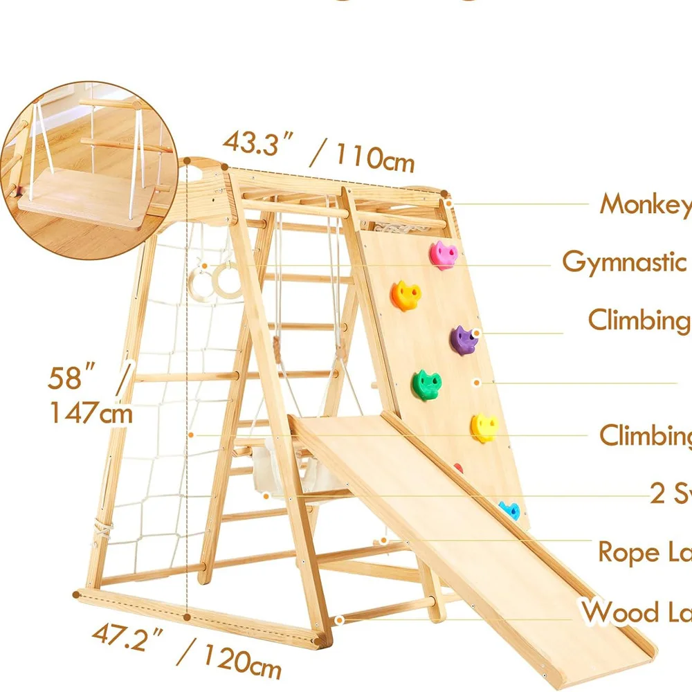 8 in 1 Wooden Indoor Playground Large Climbing Frame for Larger and Heavier Swing Climbing Toys for Children
