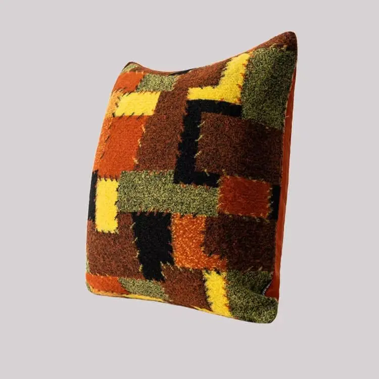 Industrial-style vintage oil painting-inspired color-block patch cushion in black yellow and orange high-end home decor pillow