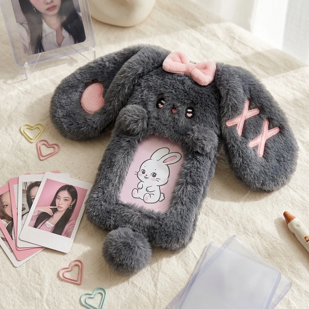 1PCS Plush Photocard Holder Cute Cartoon Rabbit with Long Ears Design Soft ID Credit Card Protector Band Photo Card Sleeve