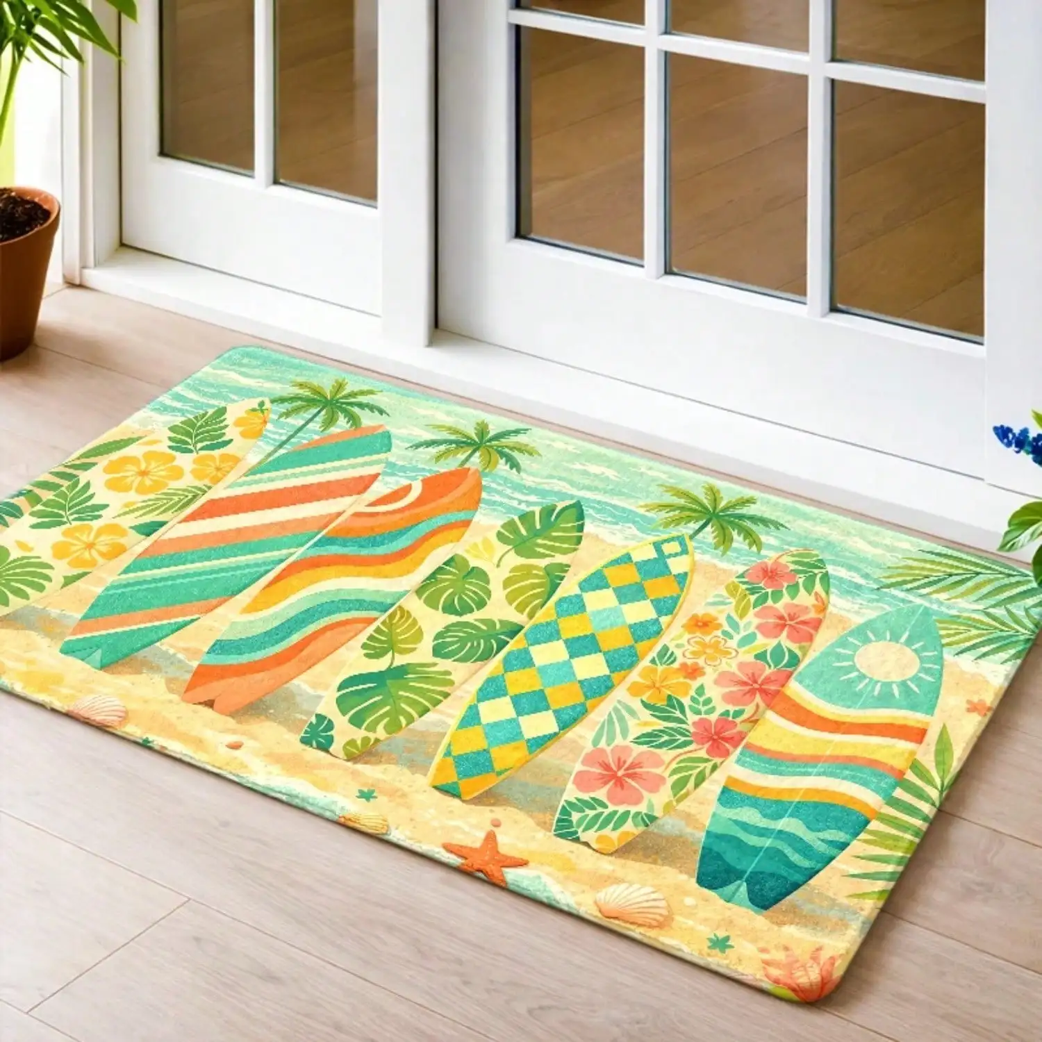 1pc, Tropical Surfboard Printed Flannel Doormats, Durable And, Machine-Washable, Suitable For Bedroom (Bedside Rug), Living Room, Kitchen, Bath, Balcony