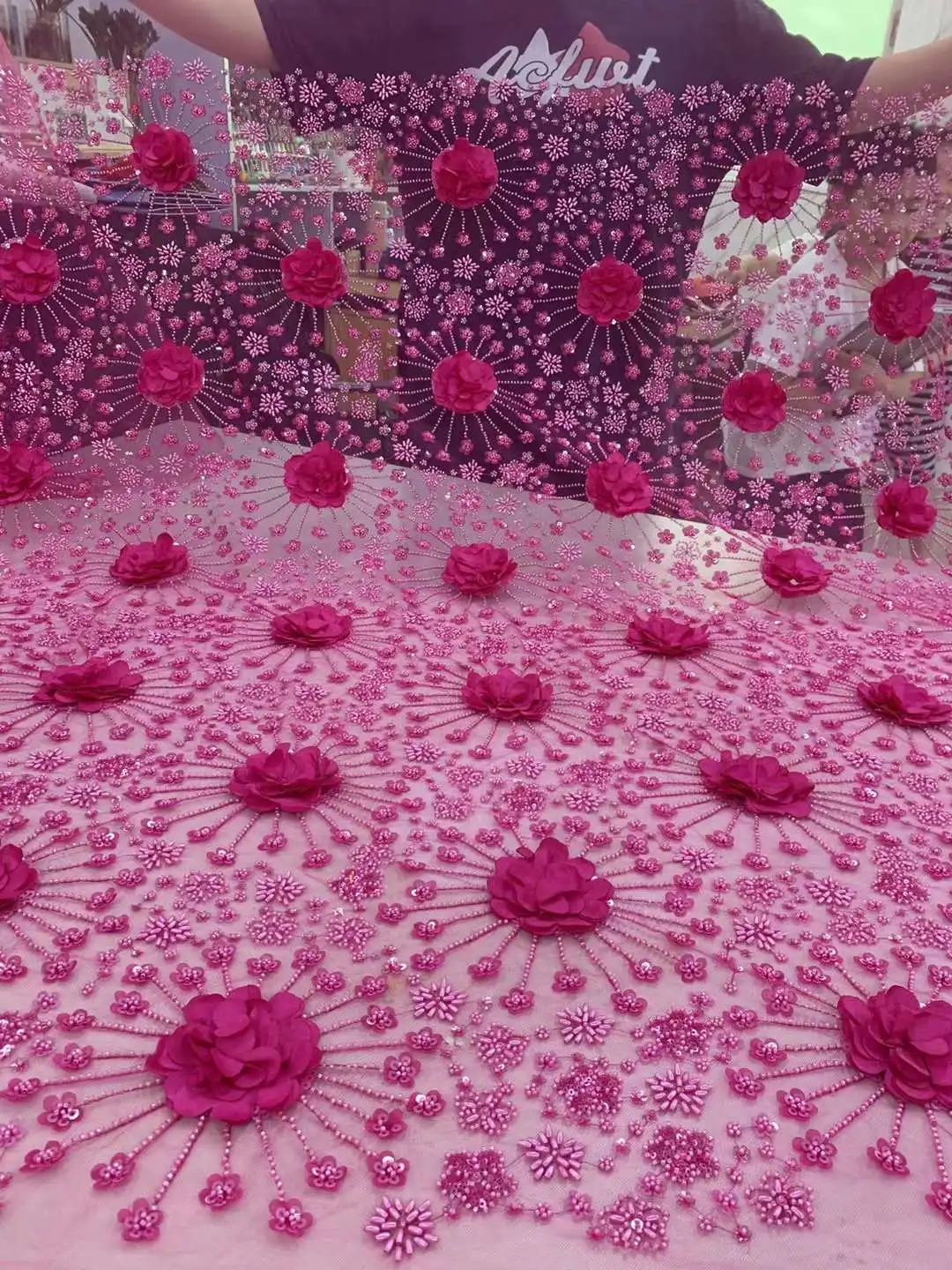 Últimas francês 3D flor lantejoulas tecido de renda, miçangas nigerianos, casamento vestido de festa, costura, alta qualidade, 5 jardas, 2024