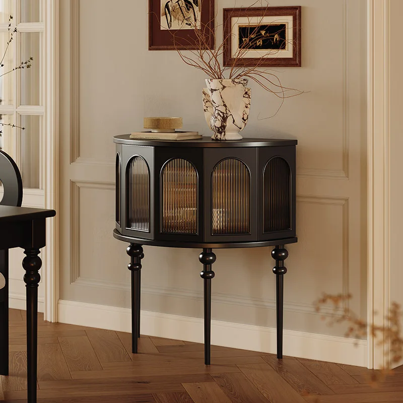 

French retro black entrance cabinet solid wood side cabinet American semi-round entrance table against the wall corridor entry