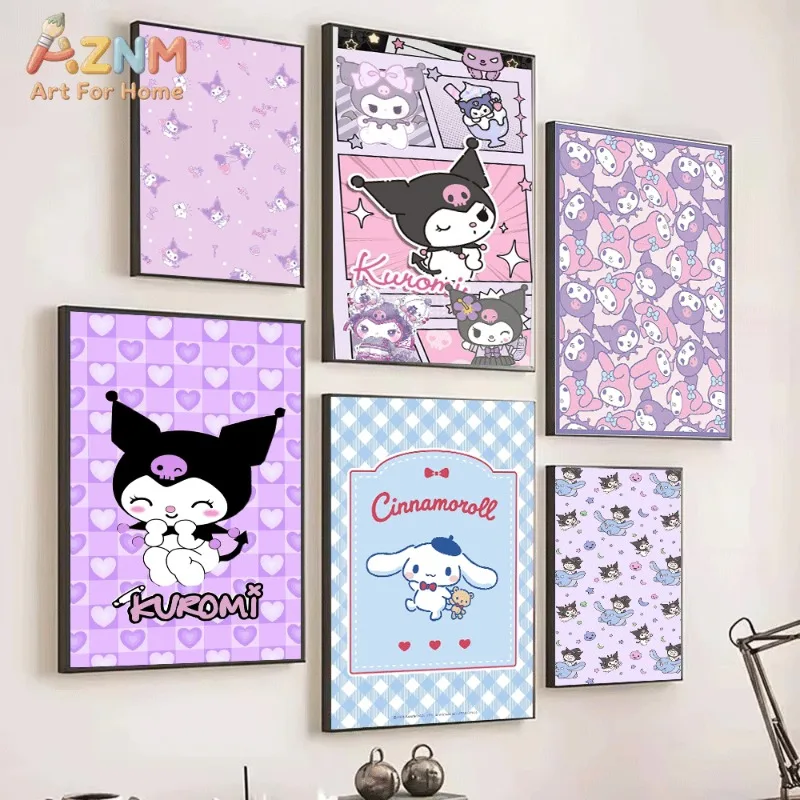 Sanrio Kuromi Canvas Wall Art Unframed Print Candy Purple Pattern Cartoon Poster for Bedroom Dorm Home Interior Wall Decor Art P
