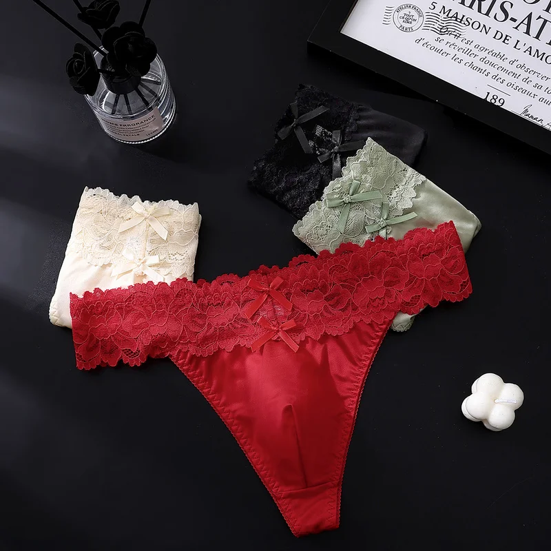 Sexy Gay Men Satin Lace Thongs Double Bow Detail Low Waist Soft Breathable Daily Wear Male Intimates