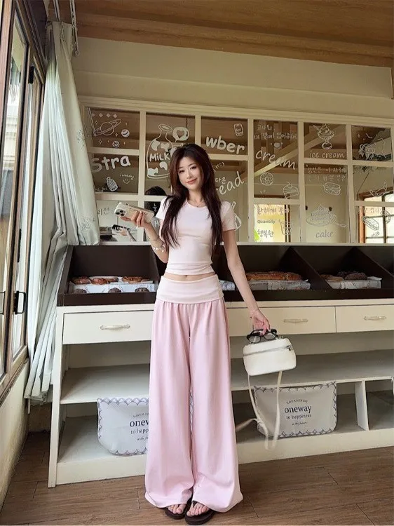 

Korean Sweet Style Short Sleeve Short T-Shirt Women Summer Casual High Waist Straight Leg Pants Two Piece Set Slim Fit T-Shirt