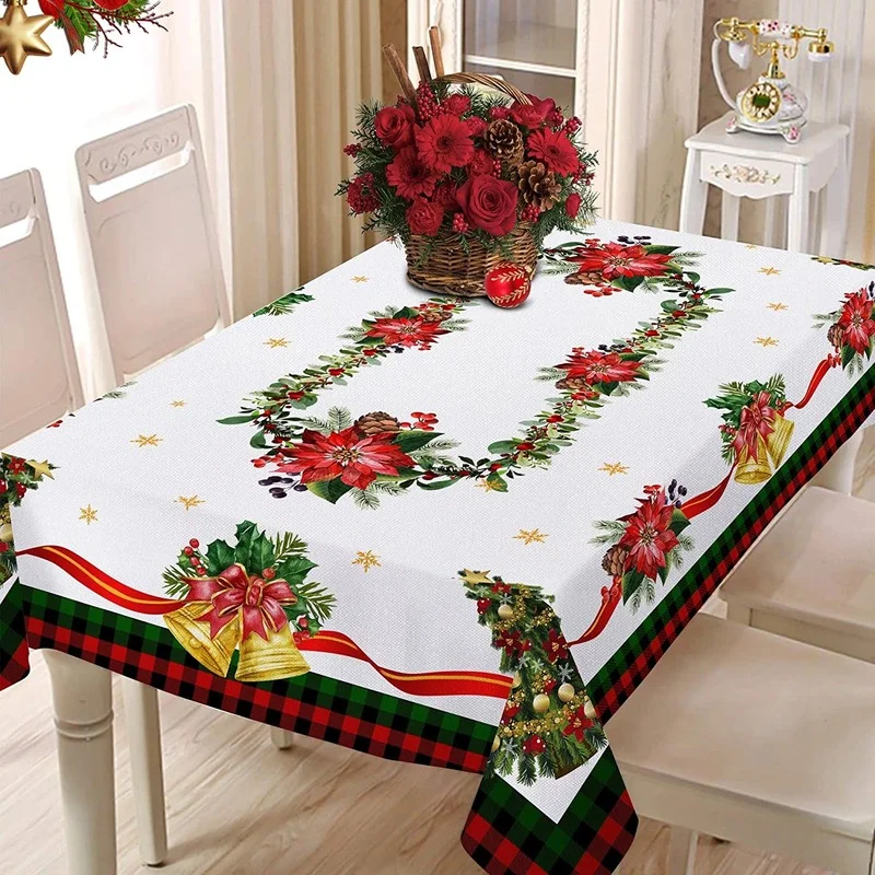 Christmas Poinsettia Pine Needles Tablecloth for Table Decor Reusable Winter Xmas Kitchen Dining Tablecloth Christmas Decoration
