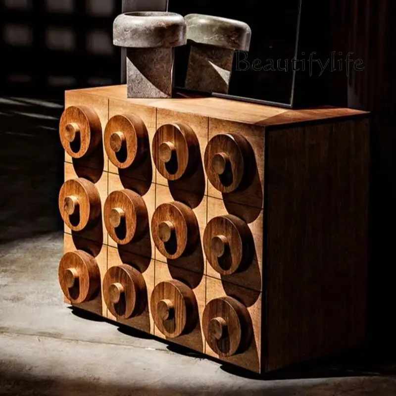 Medieval solid wood dining side cabinet retro entrance cabinet storage decorative storage model