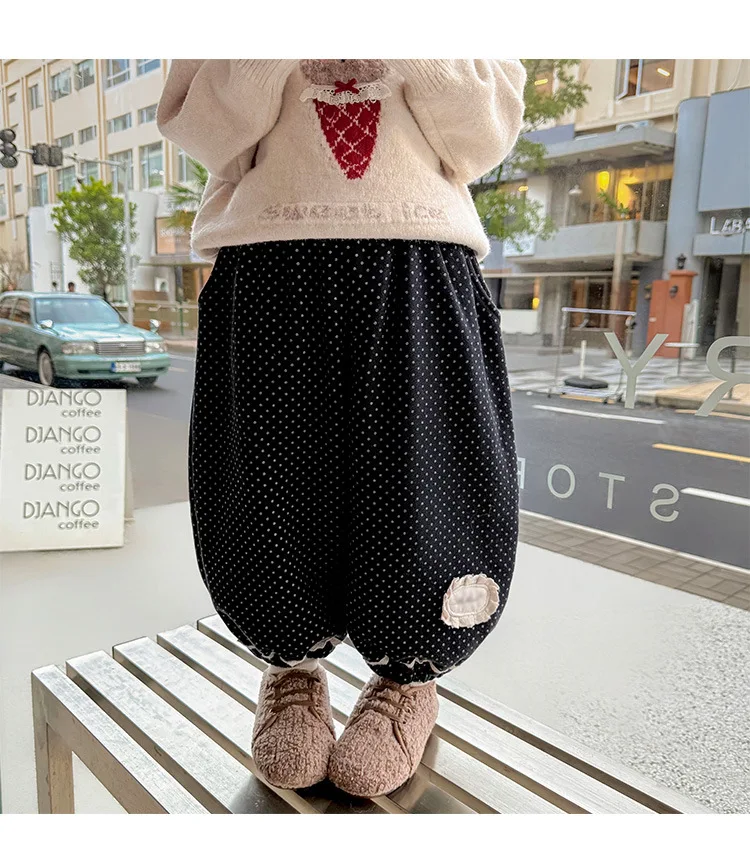 

Шаровары для маленьких девочек, утепленные теплые детские штаны-фонарики в горошек, новые свободные зимние штаны с эластичной резинкой на талии для маленьких девочек