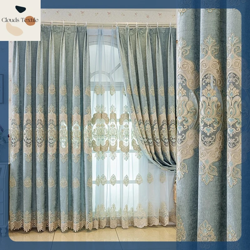 

European Style Light Luxury Living Room Balcony Floor-to-ceiling Window Chenille Hollow Embroidered Curtain Light Blue New Style