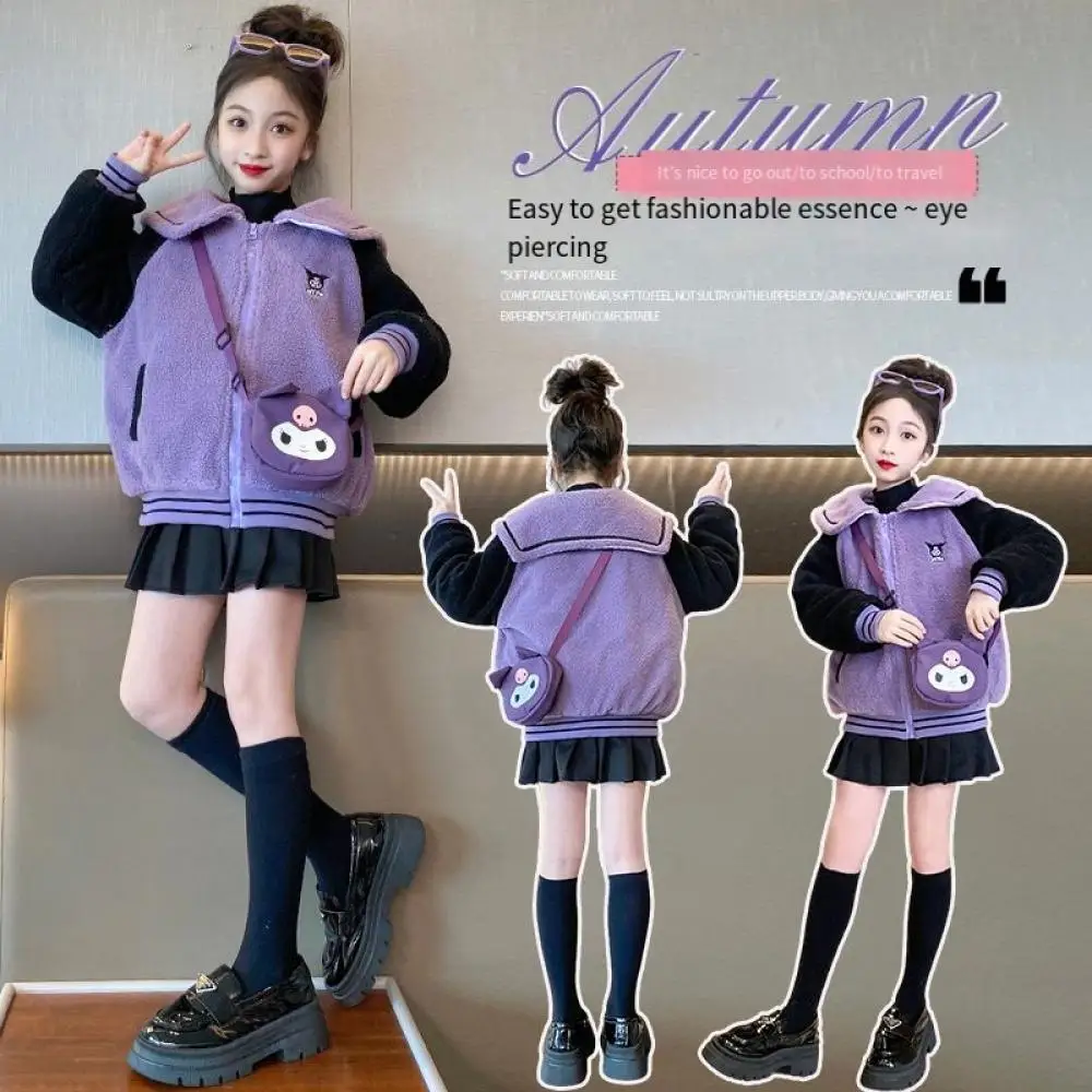 

Флисовое пальто для девочек Kawaii Sanrio Kuromi Мультфильм Аниме Повседневная модная детская Милая утепленная куртка осень зима Детская одежда