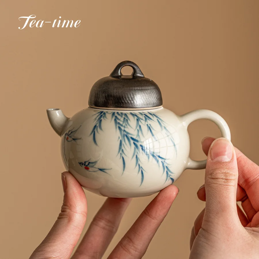 150ml Pure Hand-painted Willow Swallow Teapot with Filter Retro Plant Ash Small Pot Handmade Tea Maker Kettle Kung Fu Teaware