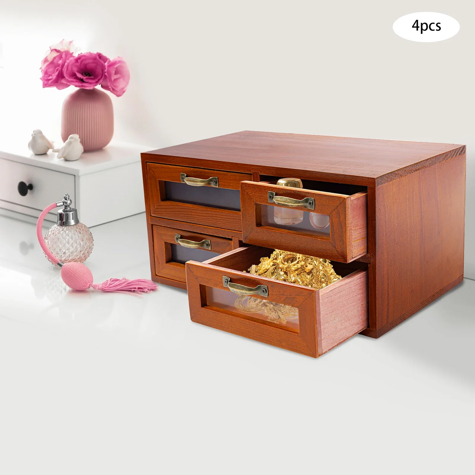 

Library Card Catalog Cabinet w/4 Drawers,Storage Boxes w/ Metal Handles,Stackable Rustic Desktop Organizers,for Home Use 4-Piece