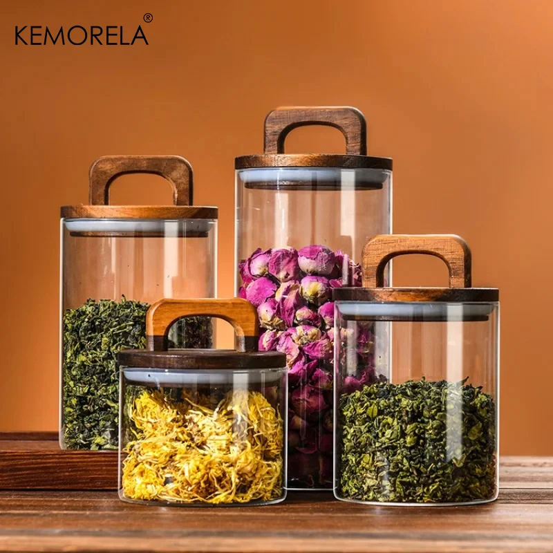 Wood Lid Glass jar Airtight Canister Food Container Tea Coffee Beans Kitchen Storage Bottles Jar Sealed Grounds Candy Jar