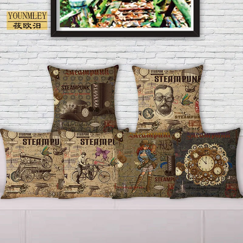 European style vintage steampunk patterns printed cozy couch cushion cover home decorative pillows 45x45cm bedding pillowcase J6