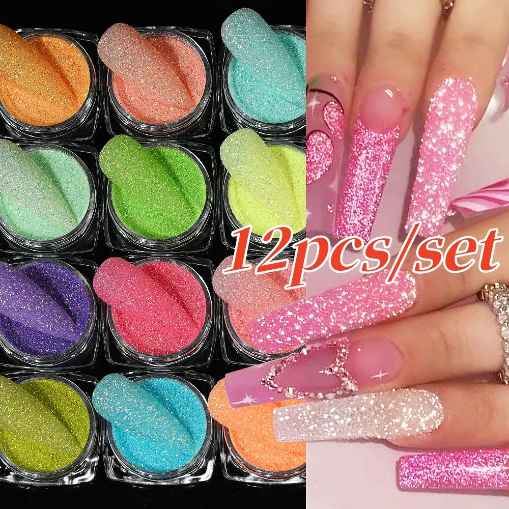 12pcs Glitter Candy Sugar Sand Nail Powder Colorful Iridescent Woolen Coat Pigment Manicure Sugar Effect Shiny Dust Nail Decor *