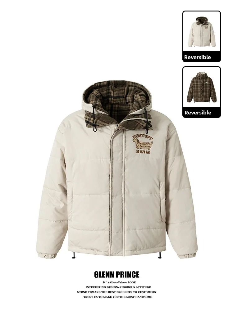 

Double-Sided Wearable American Plaid Hooded Cotton Jaet for Men Vintage Workwear Windproof Loose Warmth Sewing Embroidery