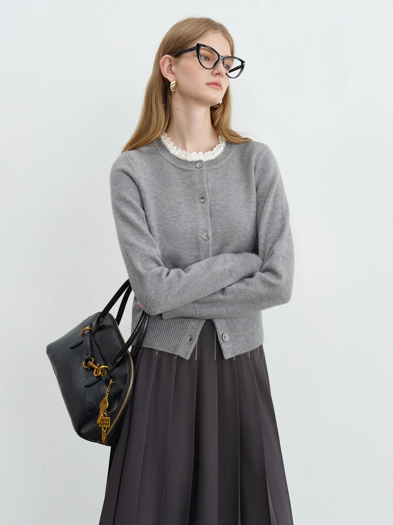 ZIQIAO Autumn 2025 Women's Retro Lace Trim Cardigan - Sweet Style Round Neck Knit Top Vintage Inspired Design Casual Layering