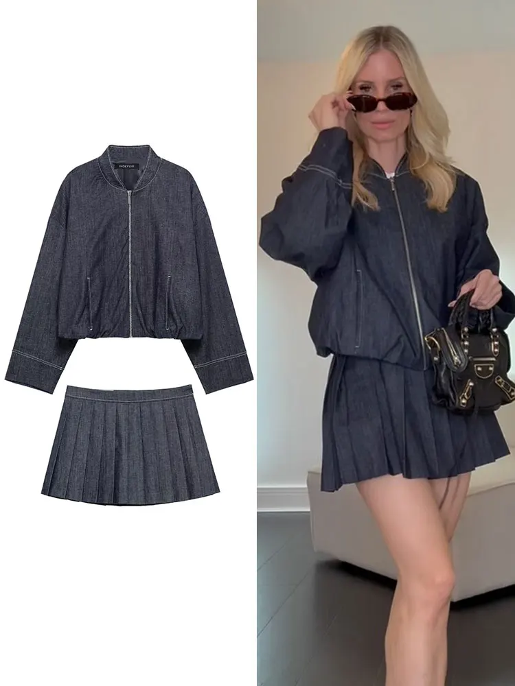 HH Frauen Denim Mantel Röcke Anzüge Langarm Zipper Denim Jacke Seitlichem Reißverschluss Mini Rock Mode High Street Lady Outfits