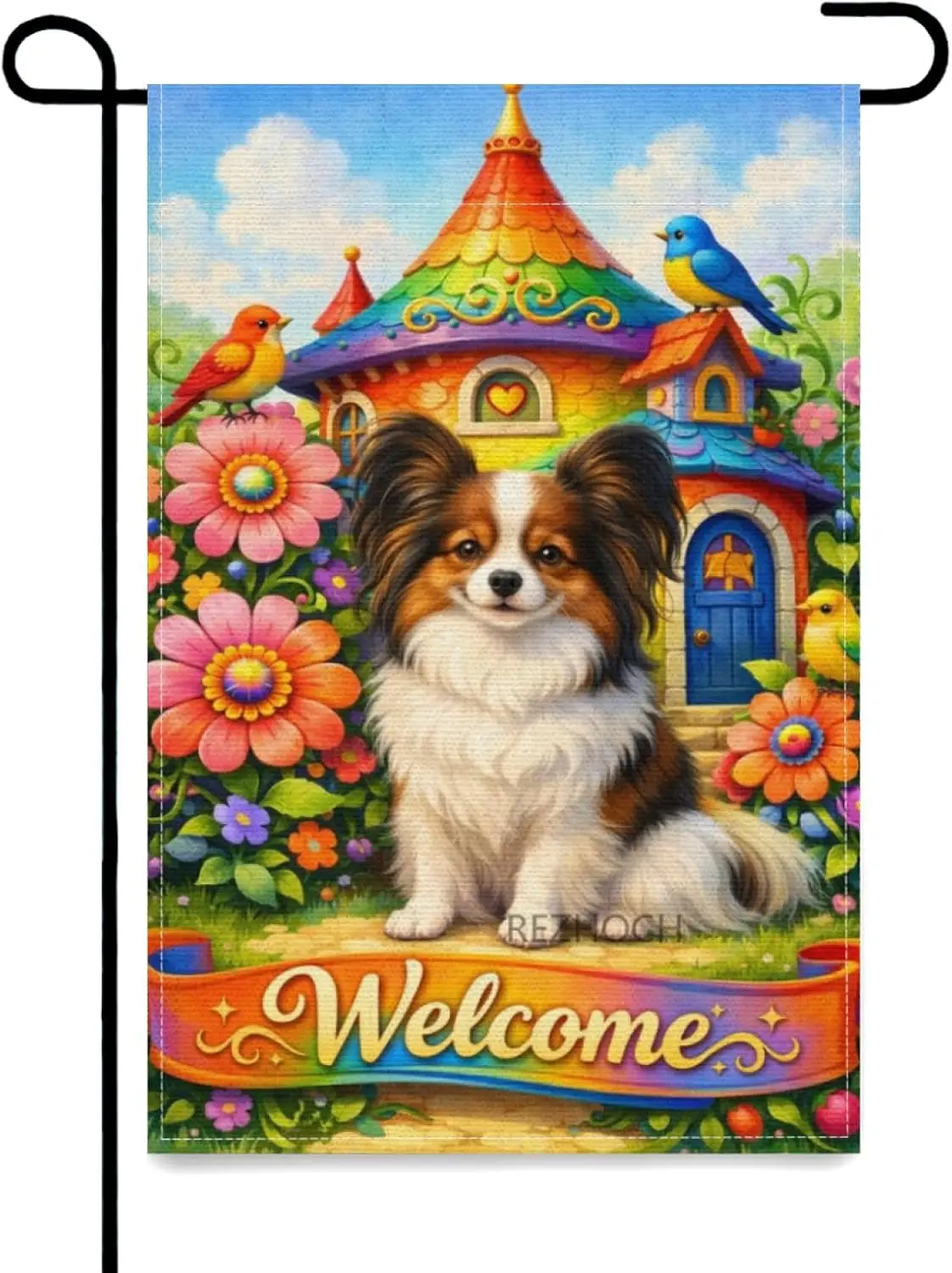 Flower House Fun Papillon Dog Welcome Garden Flag 12x18Inch,Cute Animal Colorful Floral Bird Spring Summer Outdoor Home Yard yyi