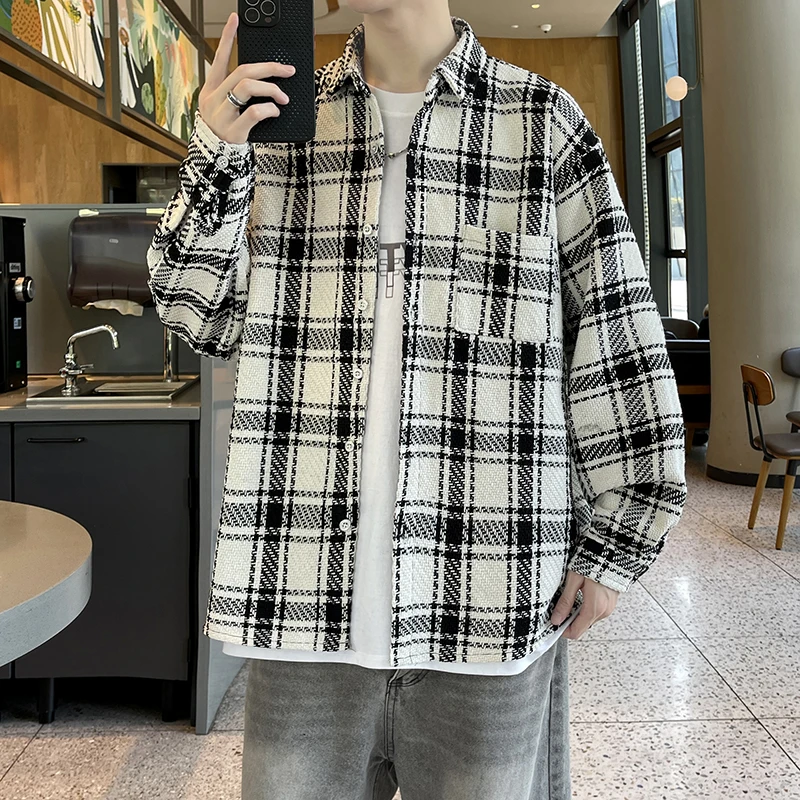 Plus Size Long Sleeved Thicken Woolen Shirts for Men Hip Hop Loose Men's Plaid Shirt Jackets Spring Autumn Trendy Mens Clothing