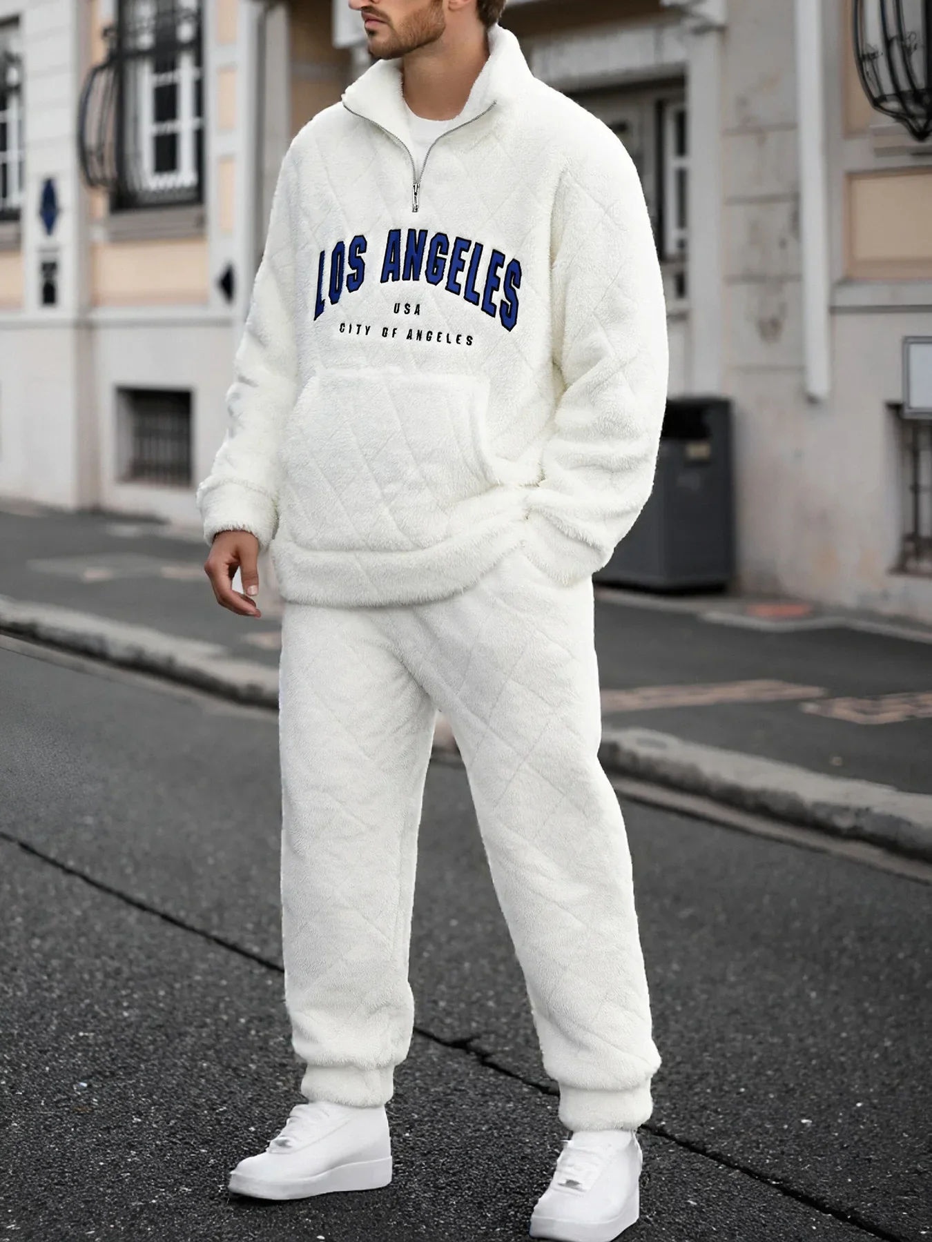 

Los Angeles Letter Embroidery Faux Lamb Velvet Set Half Zip Stand Collar Sweatshirt Hooded Pants Casual Two-Piece Set