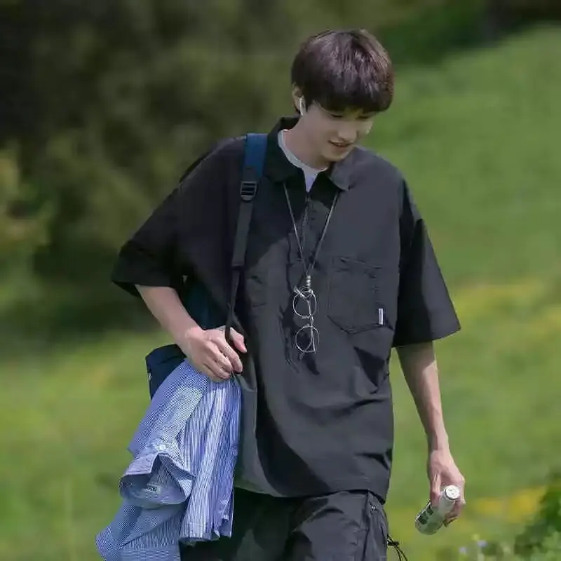 

Японская мужская рубашка Cityboy с короткими рукавами, летняя трендовая рубашка 2025 года, свободная рубашка-поло в стиле ретро с половиной молнии