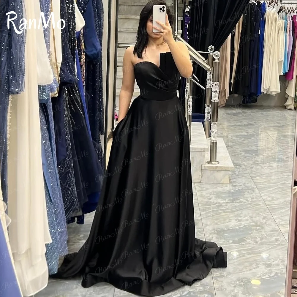 

Ranmo 2025 Elegant A Line Black Prom Dresses Strapless Evening Dress Satin Sleeveless Floor-Length Birthday Party Dresses New