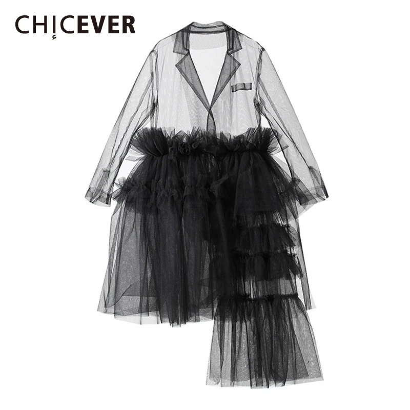 

CHICEVER Fashionable Spliced Sheer Mesh Tutu Dress for Women Lapel Long Sleeve Patchwork Irregualr Ruffles Trim Dresses Female