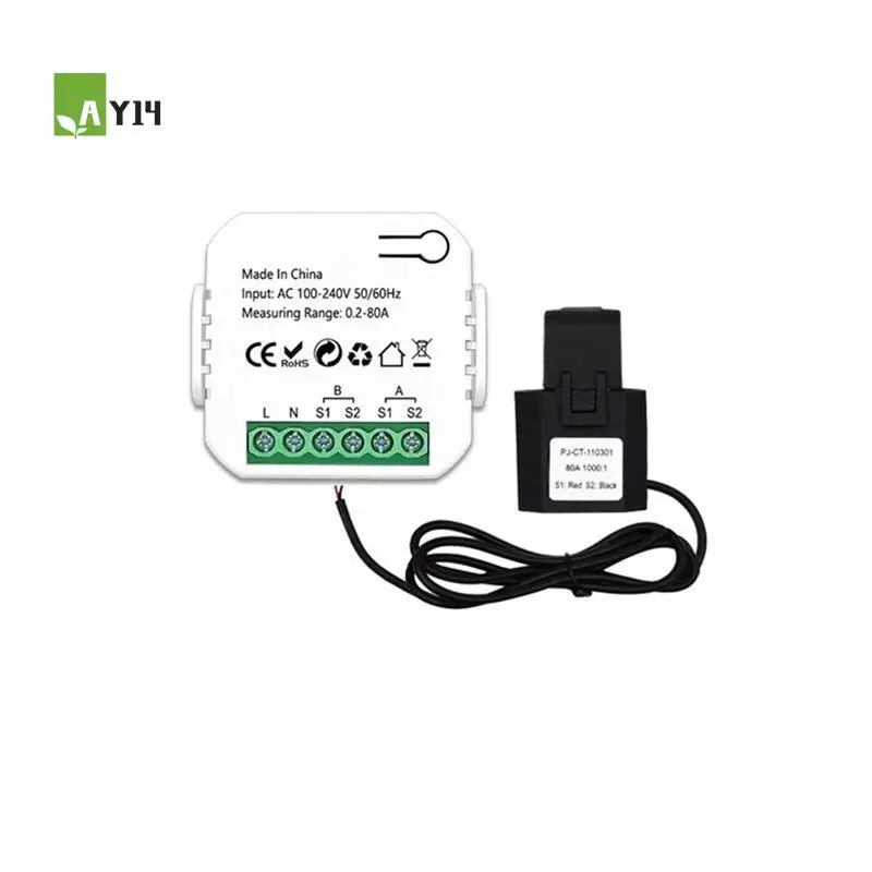 AY14 -Tuya Smart Zigbee Energy Meter 2 Way Bidirectional With Current Sensor Clamp App Monitor Power 100-240VAC,1 Channel-1CT Du