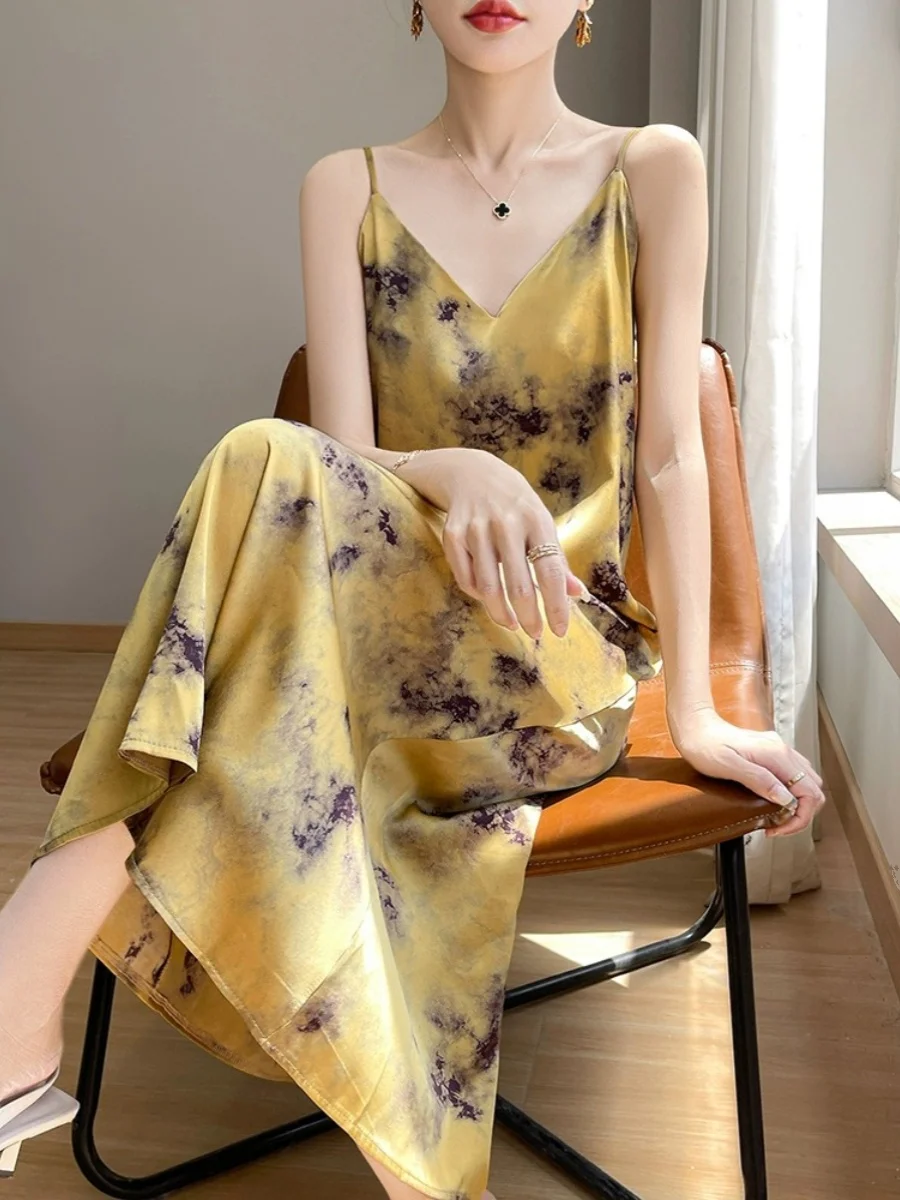 Ele Water-Media Print Sari Gown Women's Summer Acetate Satin Drapey Loose Slimming A-Line Dr Commute Simple Sle