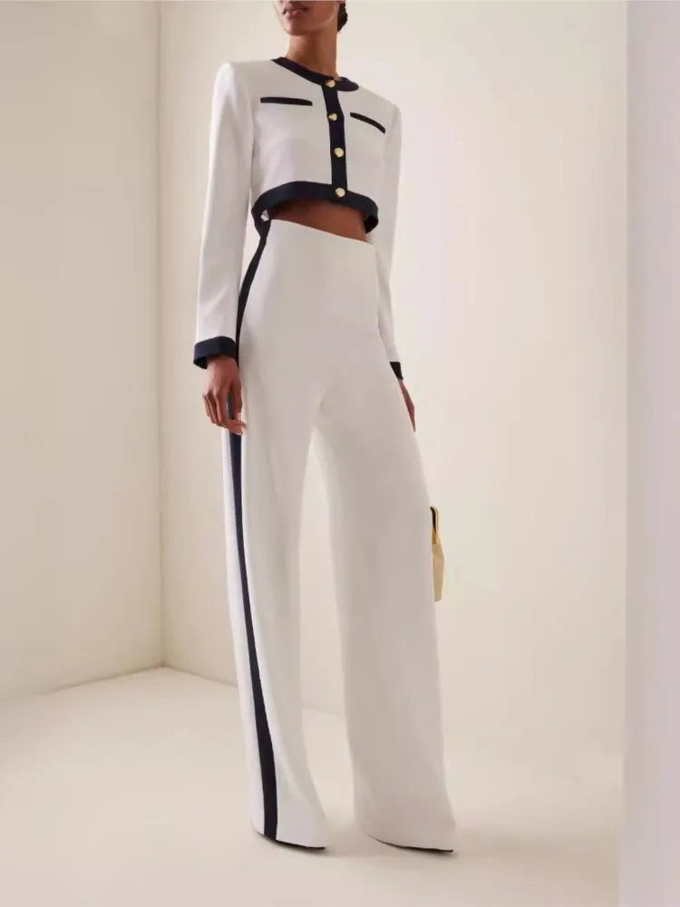 Fashion Women Office Long Pant Suit 2024 New Fall Side Striped Short Top High Waisted Pants Temperament Female Professional Suit