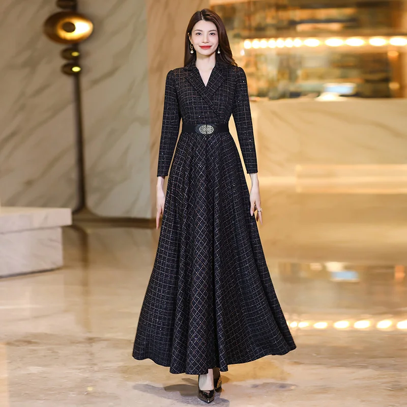 New Women Black Plaid Blazer Style Dress Spring Autumn Fashion V-Neck Long Sleeve Slim Waist Long Dress Elegant Exquisite Dress