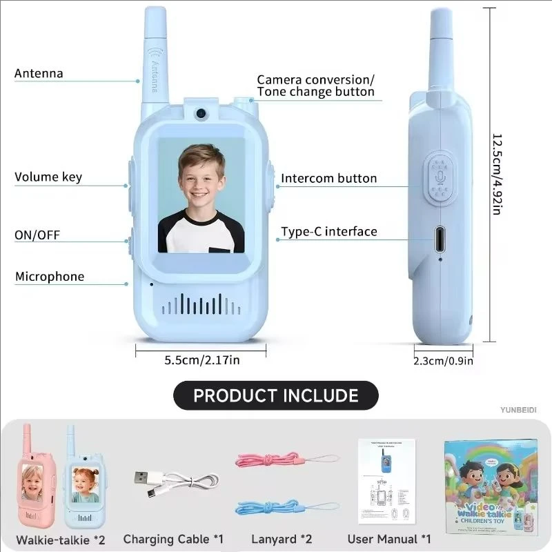 Walkie Talkies con Cámara para Niños, Paquete de 2, Recargables, Juguetes para Niños Pequeños, para Acampar en Interiores, Viajes, Regalos de Cumpleaños para Niños de 3 a 12 Años