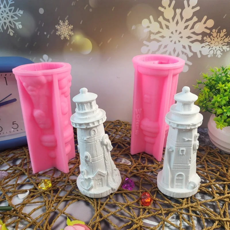 Mini Two Lighthouse Plaster Mold for Ornament Silicone Mould DIY Plaster Cement Ornament Silicone Mold 3D Candle Making Supplies