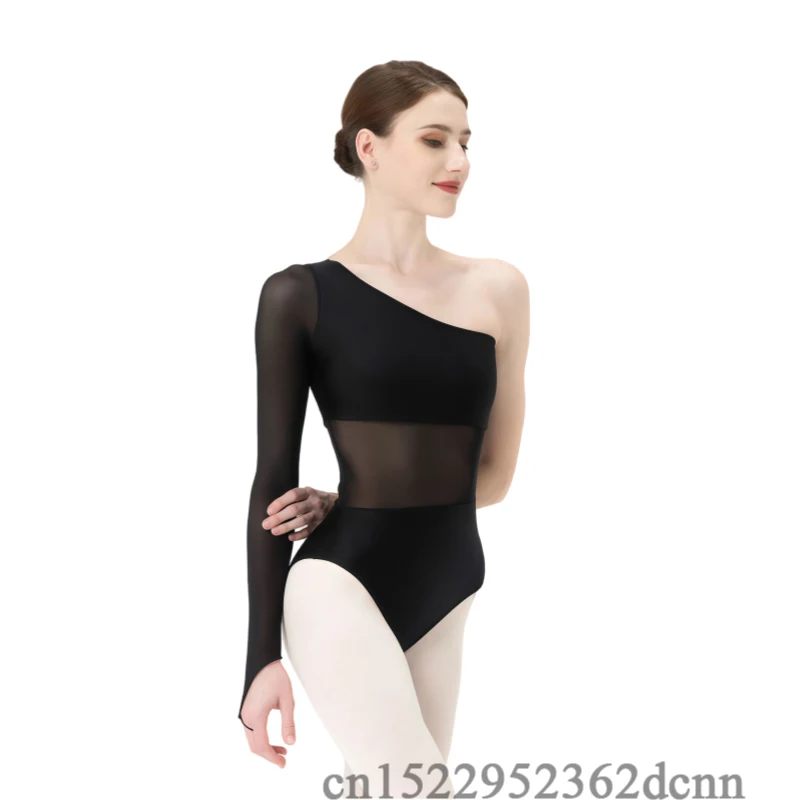 جديد أسود أبيض الباليه ثياب للنساء عدم التماثل الكتف المائل شبكة لصق ملابس الرقص الجمباز يوتار اليوغا داخلية