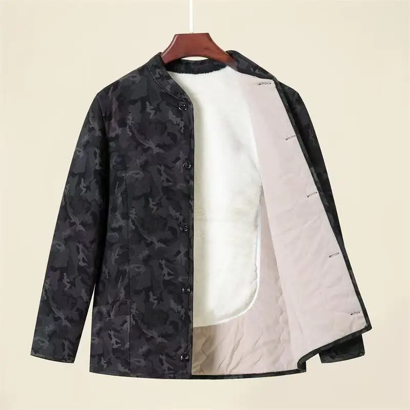 중년 및 노년 남성을 위한 두꺼운 낙타털 면 재킷 겨울용 따뜻한 스탠드 칼라 대형 사이즈 할아버지 면 코트