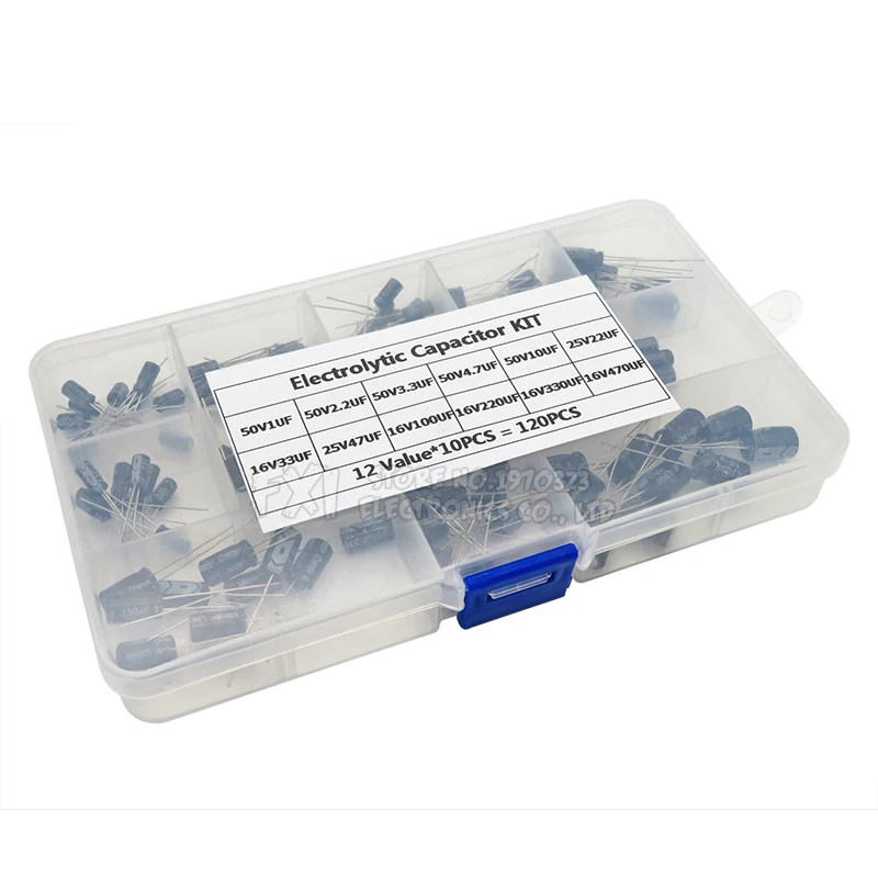 Kit de sortimento de capacitores eletrolíticos de alumínio, capacitores eletrolíticos, sortimento box set, 16V-50V, 1uF-470uF, 12 valores, 120 unidades por lote