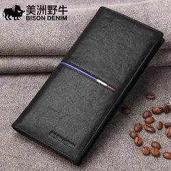 BISON DENIM Cowskin Leather Men Wallets Multi-Functional Cowhide Coin Purse Slim Genuine Leather Wallet Men Card Holders N4437